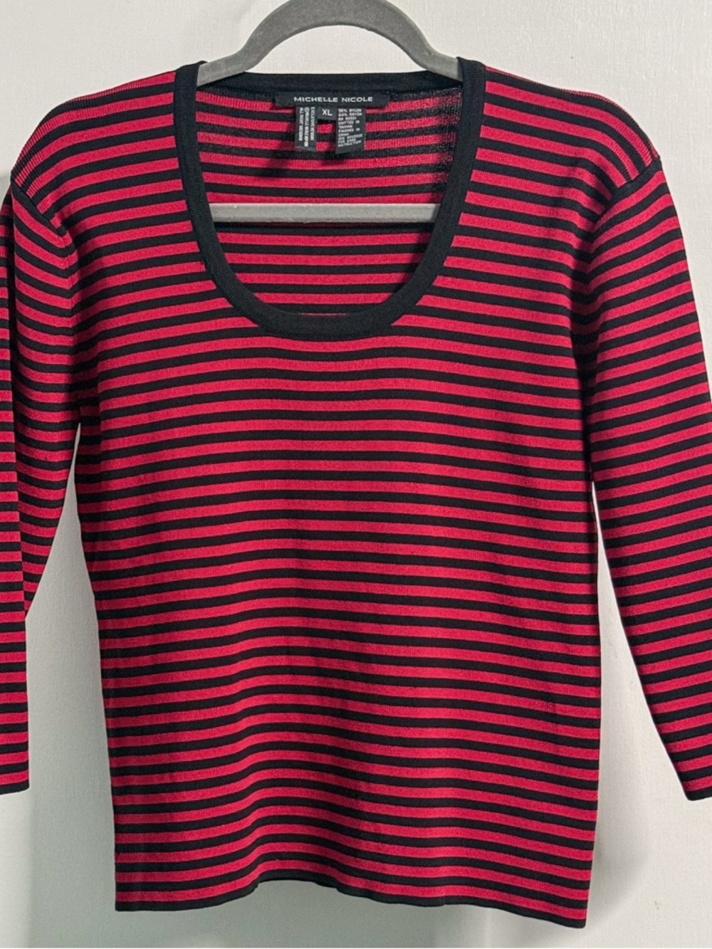 Michelle Nicole Red Black Striped Knit Top XL 3/4 Sleeve